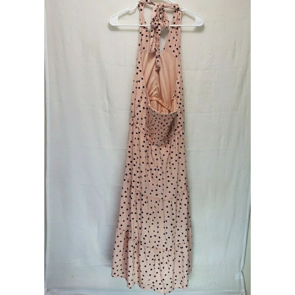 Maurices Blush Pink Black Polka Dot Halter Maxi Dress Medium Smocked Tiered Boho - Picture 3 of 12